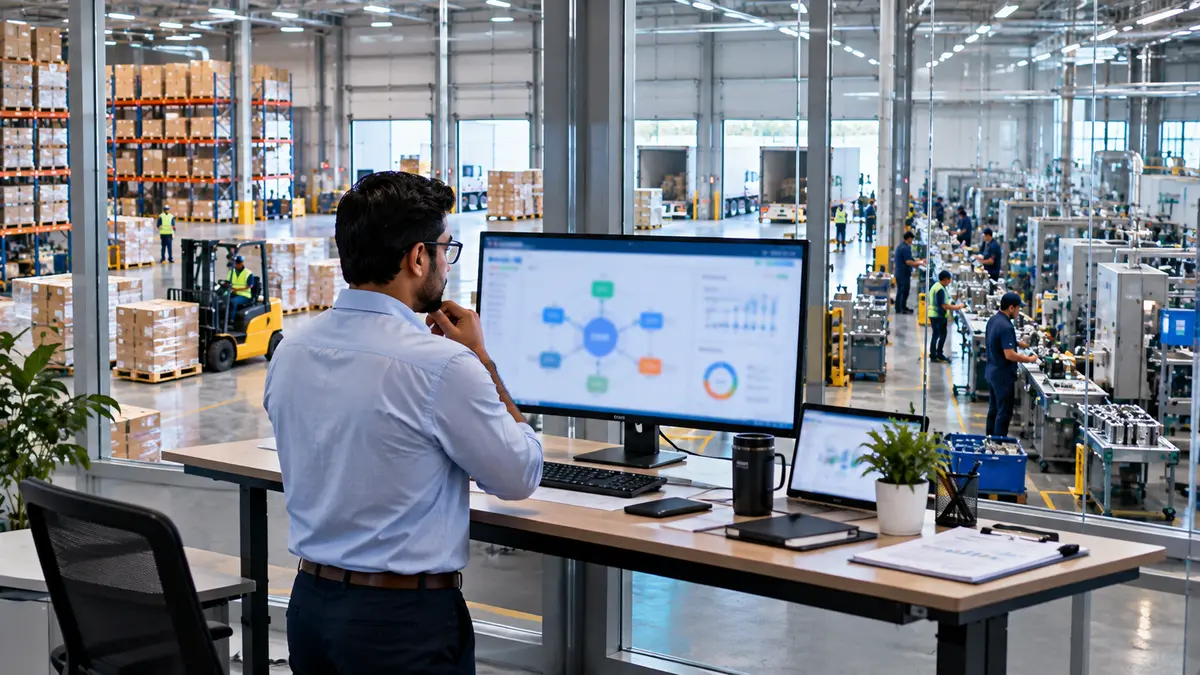Operations director overseeing office, production and warehouse connected through one ERP system